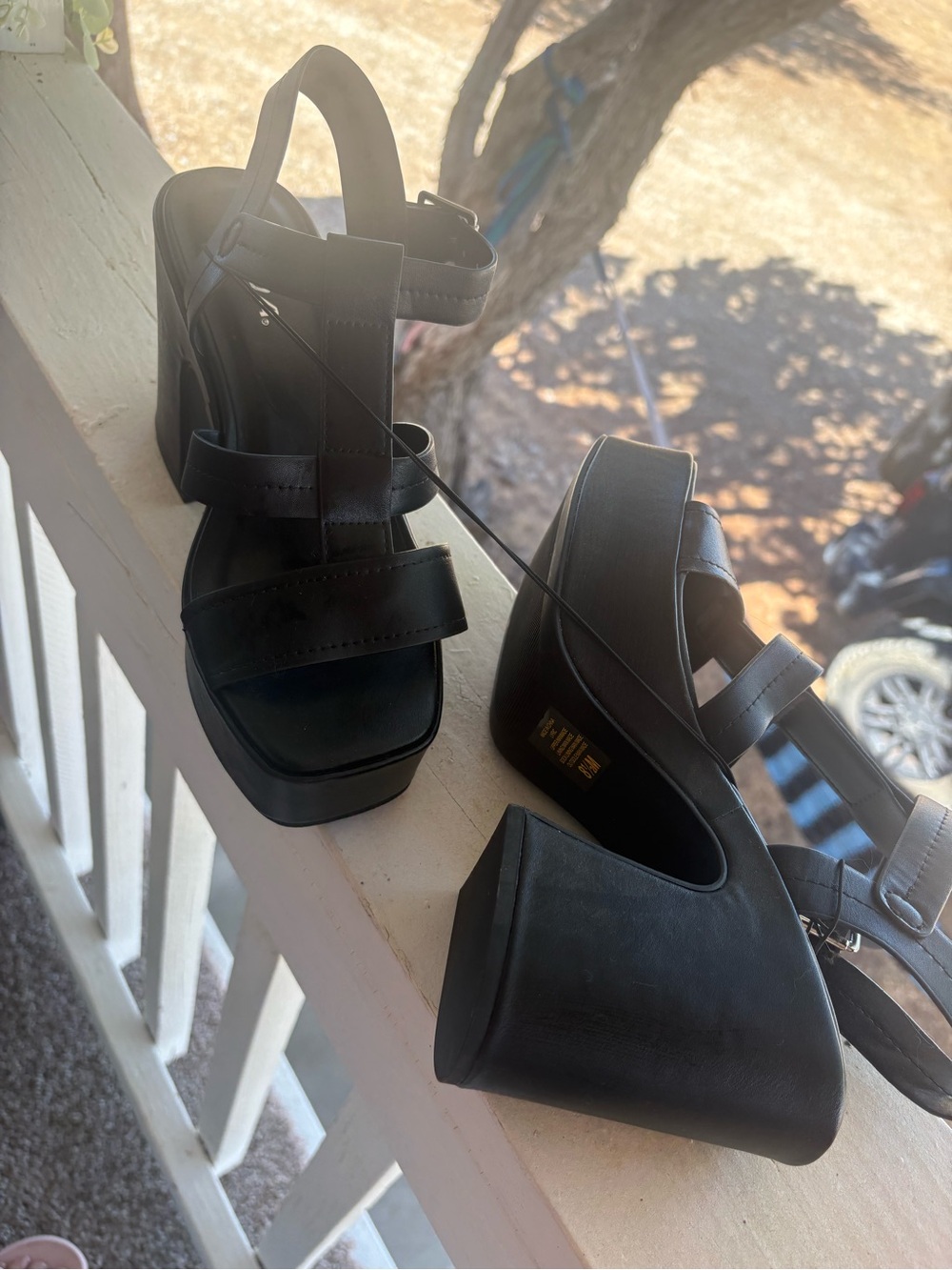 Soda Black Strappy Platform Block Heels